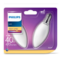 Philips Kerte LED Pære E27 Mat - 4,3W (40W) 2-Pack