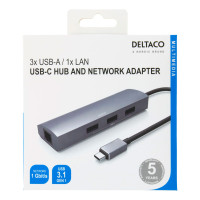 USB-C Hub m/Nettverkskort (3xUSB-A+RJ45) Deltaco