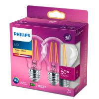 Philips LED Glødepære E27 Klar - 7W (60W) 2pk