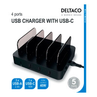 USB ladestasjon m/holder 40W PD (3xUSB-A/1xUSB-C) Deltaco