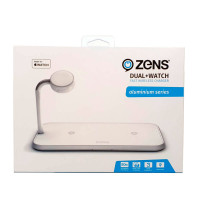 Zens Dual Alu. Qi Lader 2x10W m/Apple Watch Lader - Hvit