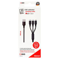 2GO USB Multikabel 1,5m (USB-C/Lightning/Micro USB) Svart