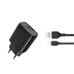 XO L57 USB Lader 2,4A + USB-C kabel (2xUSB-A) Svart