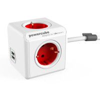 PowerCube Extended m/4 uttak - 1,5m (2xUSB) Rød