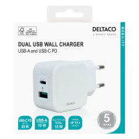 Deltaco USB-C Lader 20W (1xUSB-A/1xUSB-C) Hvit