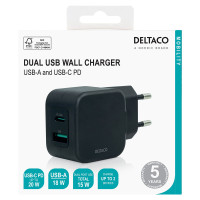 Deltaco USB-C Lader 20W (1xUSB-A/1xUSB-C) Svart