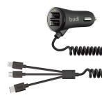 Budi 3-i-1 LED USB-billader m/USB-A Multi-kabel 3.4A (USB-C/Lightning/MicroUSB)
